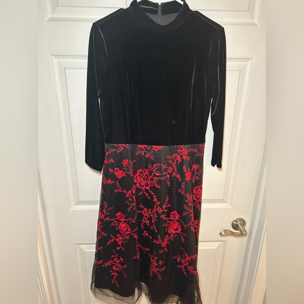 Issac Mizrahi black velvet & red embroidered tulle